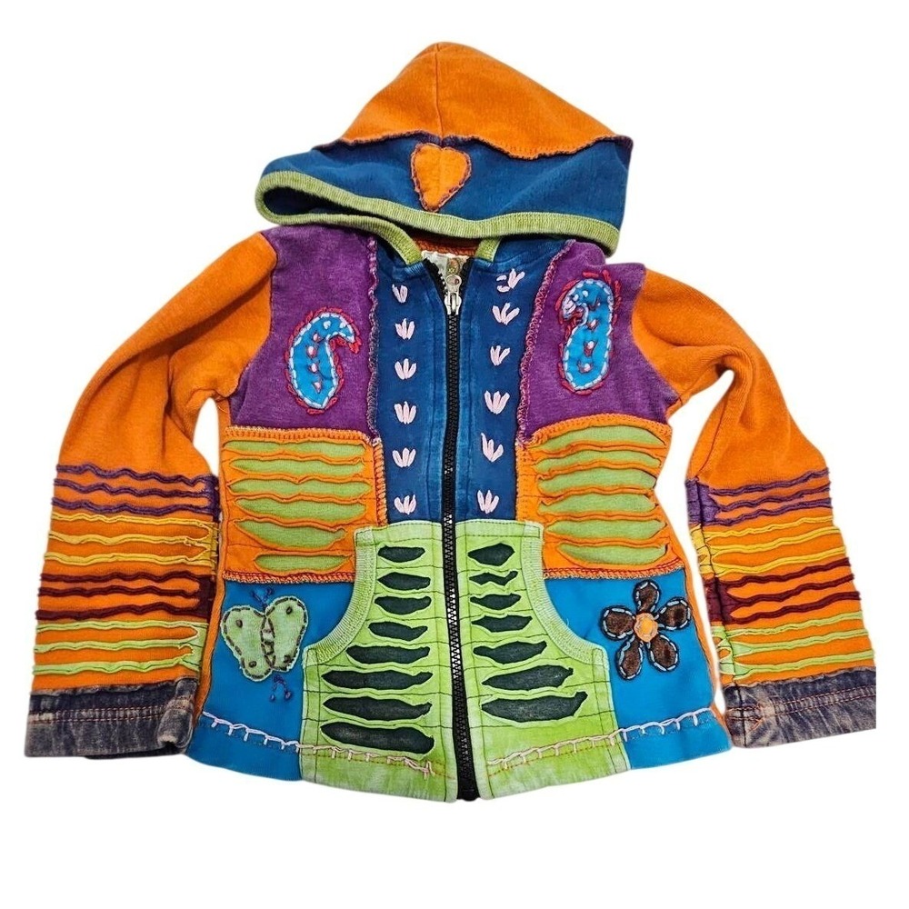 Kids India Boutique Colorful Patchwork Hoodie Jacket Butterfly Flower Peace Sign